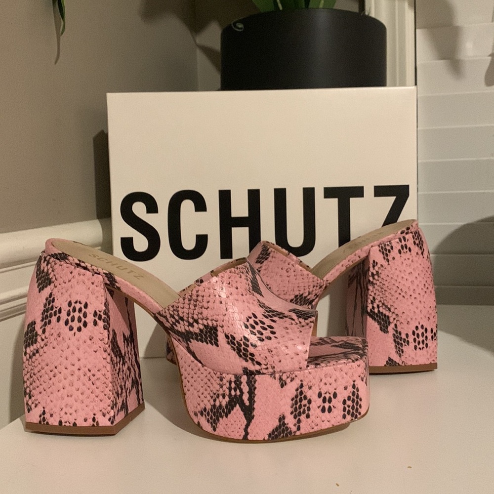SCHUTZ Pink Snakeskin Platform Block Heel Sandals - Picture 7 of 13